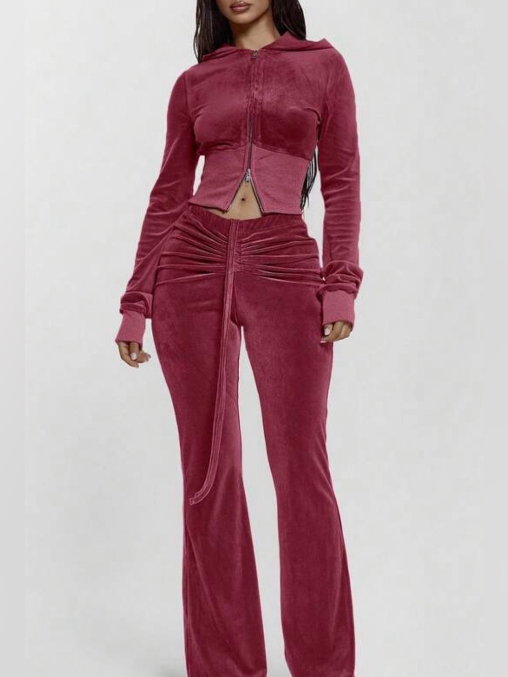 Burgundy Rose Velour Hooded Zip Crop Jacket & Ruched flare Pants Set - Rose